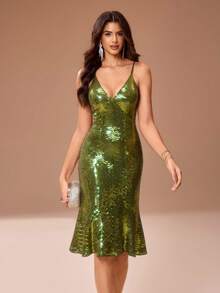 Glamance Grünes Pailletten-Spaghettiträger-Bodycon-Meerjungfrau-Mittelänge-Kleid, elegant sexy Party Hochzeit Gast Brautjungfer Geburtstag Urlaub - Grün - Übersicht 5
