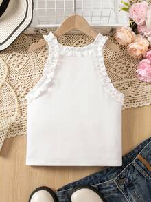 SHEIN Girls' White Ribbed Camisole - French Cottagecore, Ruffle Trim, Slim & Versatile For Daily/Vacation - White - View 2