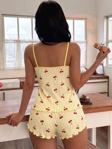 SHEIN Set Piyama Wanita Atasan Cami Motif Garis-Garis Ceri & Celana Pendek - MultiWarna - View 2