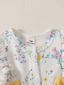 SHEIN 2件組女嬰甜美花卉連身褲附髮帶，可愛夏季無袖針織嬰兒連身衣，親子套裝荷葉肩洗禮服 - 黃色 - 查看 4
