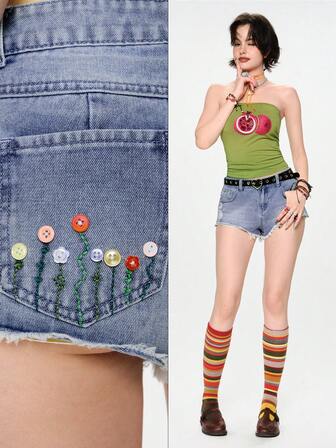 Fairycore Pantaloncini in denim larghi da donna stile vintage Mori carini cottagecore con bottoni e ricamo floreale