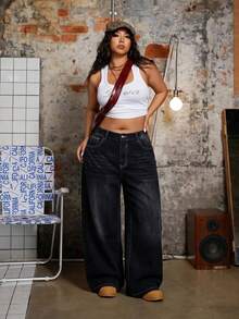 SHEIN EZwear 大尺碼女款寬鬆寬腿休閒牛仔褲，附口袋 - 黑色 - 查看 8