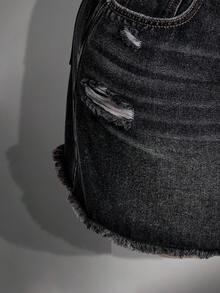 SHEIN ICON 大尺碼女款口袋磨損毛邊黑色牛仔裙 工作度假休閒風 - 黑色 - 查看 8