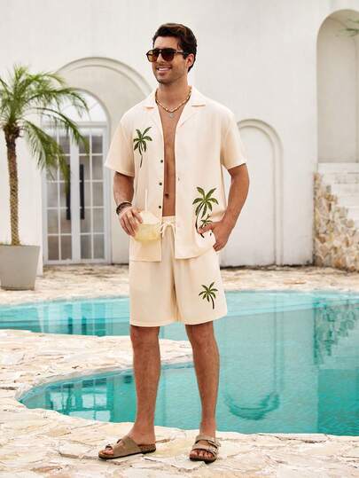 Mercer Haus Men's Coastal Shirt, Cream-Colored Linen-Feel Palm Tree Printed Top, Minimalist Stylish Camp Collar Shirt, Refined Refreshing Summer Vacation Attire