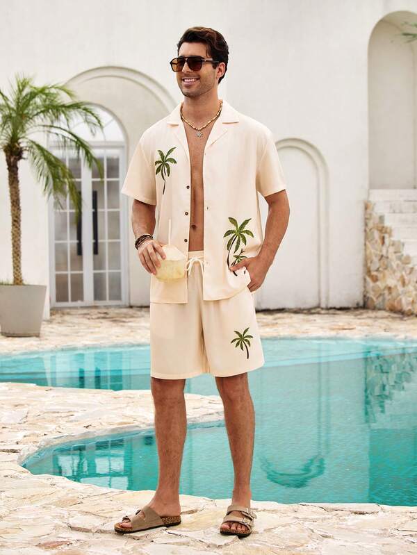 Mercer Haus Men's Coastal Shirt, Cream-Colored Linen-Feel Palm Tree Printed Top, Minimalist Stylish Camp Collar Shirt, Refined Refreshing Summer Vacation Attire