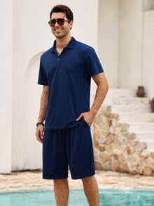 Mercer Haus 2 piezas Conjunto de camisa polo de manga corta y pantalones cortos de unicolor casual para hombres, adecuado para la playa, el transporte, el gimnasio y las salidas de fin de semana - Multicolor - Ver 3