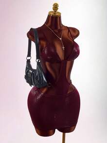 Amplova Vintage Wild Burgundy Schlangenhaut Sexy Jumpsuit & Tieftaille Rock 2 Stücke Set - Bordeaux - Übersicht 5