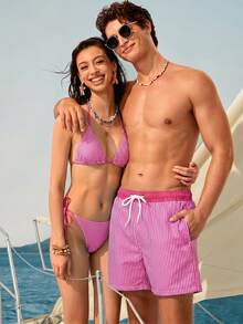 Manfinity VDAYZ Men's Striped Drawstring Waist Beach Shorts Couple Matching Swimwear Matching Swimwear For Couples Couple Beach Holiday Vacation Beach Hawaii - Multicolor - View 5