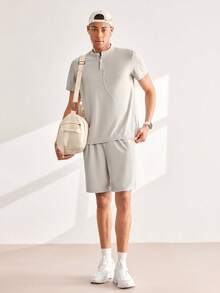 Driftmere Men's Polo Collar Sports Set, Includes Short Sleeve Polo Shirt & Shorts, Lightweight Breathable Fabric, Solid Color, Summer, With Pockets And Drawstring - Light Grey - View 3