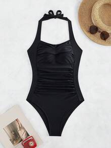 SHEIN Swim 女式連身掛脖泳衣 - 黑色 - 查看 7