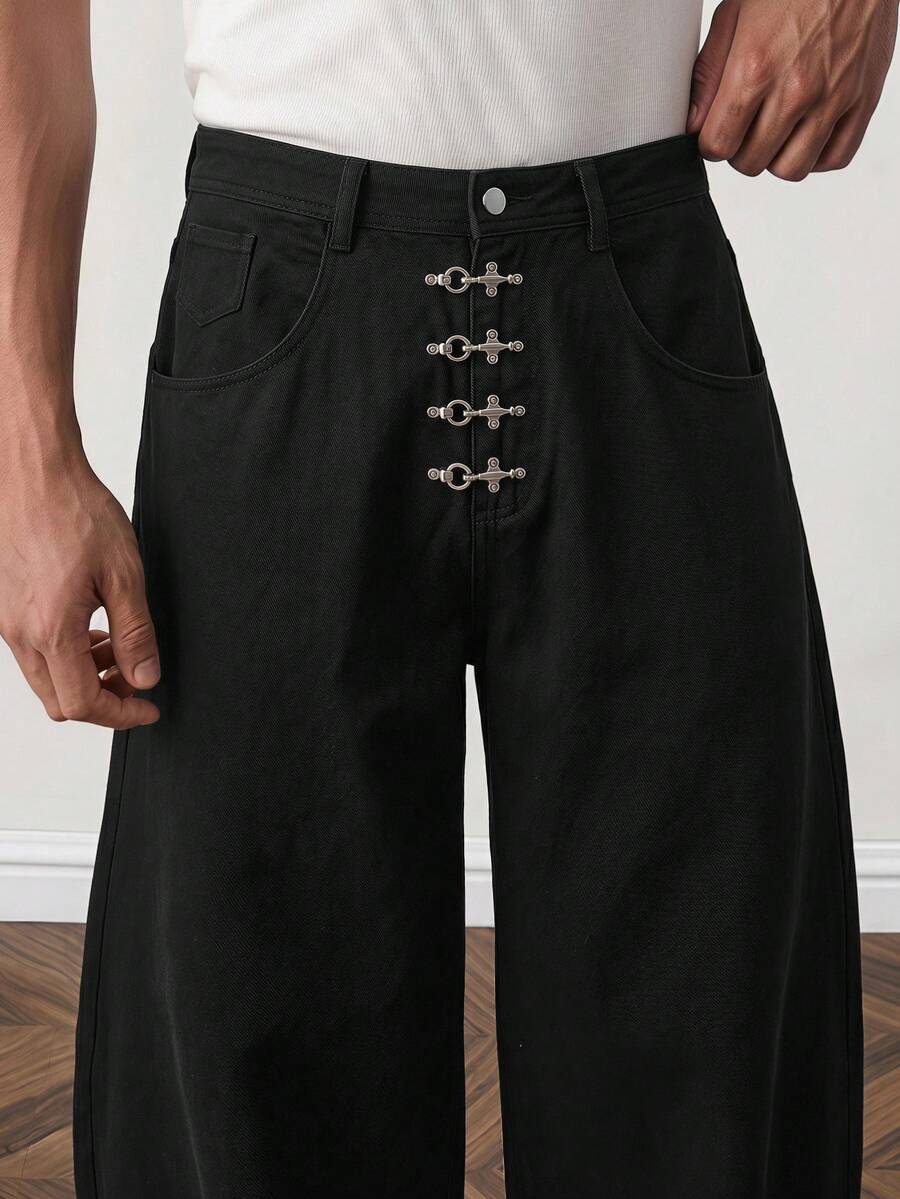 SWAVVY Men's Spring/Summer Fashion Curved Leg Pants With Airplane Buckle - Black - View 1