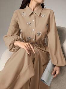 Modelyn 女款水鑽繫帶長袖襯衫與純色寬鬆長褲兩件套 - 駝色 - 查看 4