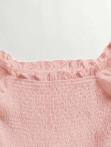 SHEIN 青少年女孩休閒度假白色紋理方領荷葉袖層次荷葉邊A字洋裝 - 粉色 - 查看 4