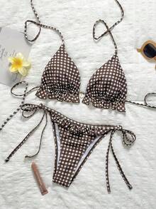 Swim Mod 女款夏季海灘純色荷葉邊掛脖綁帶兩件式比基尼泳衣套裝 - 彩色 - 查看 2