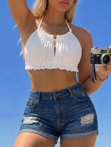 Swim Mod Plus Size Women Summer Beach Party Vacation Solid Color Ruched Halter Bikini Top All White - White - View 5