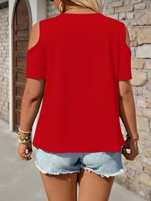 Breezaya Plus Size Solid Color Vacation Sexy Off-Shoulder Front Knot Ruched T-Shirt - Red - View 2