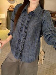 DAZY Women's Casual Vintage Blue Plaid Long Sleeve Loose Fit Shirt With Collar, Ruffle Trim And Button Decor Cute Tops - Green - View 5