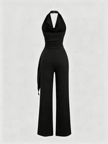 Qadelle Women's Brown Jumpsuit Summer Outfit With Gold Accessories Vacation Outfits Women Beach Vacation Outfits For Women - Black - View 2