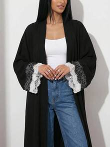 Veilorie 女款拼接蕾絲袖口優雅端莊阿拉伯式長袍 正式黑色冬季款 - 黑色 - 查看 4