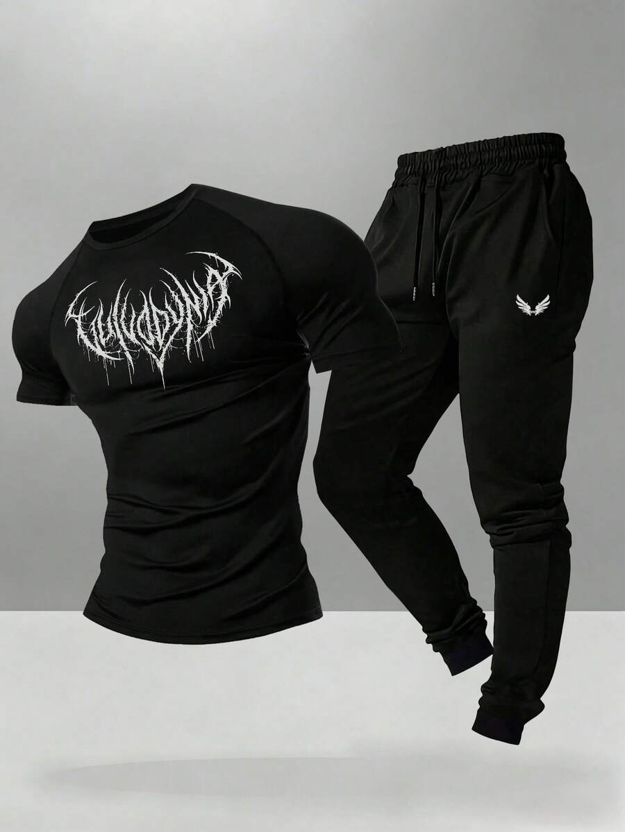 Gym Rark Men's Gothic Print T-Shirt And Long Pants Sports Set - Black - View 1