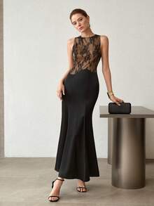 MOTF PREMIUM FRÜHLING/SOMMER ELEGANTES DAMENSTIL DATE ABENDPARTY HOCHWERTIG TRANSPARENTE SPITZE PATCHWORK TAILLENBETONEND SCHLANKMACHEND LANG ÄRMELLOSES KLEID - Schwarz - Übersicht 5