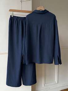 SHEIN EZwear 海軍藍編織騎士刺繡休閒長袖襯衫與長褲套裝 - 藏蓝色 - 查看 2