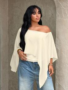 Rustia Plus Size Women's Solid Color Asymmetrical Shoulder Casual Versatile Everyday T-Shirt - Apricot - View 3