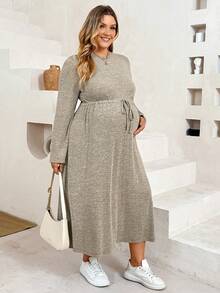 Plussiva Plus Size Maternity Casual Drawstring Waist Dress Fall - Grey - View 5