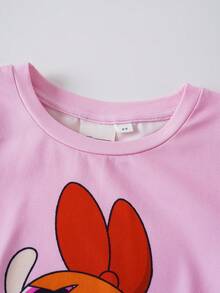 THE POWERPUFF GIRLS X SHEIN Young Girl Cartoon Print Round Neck Short Sleeve Top And Ruffle Hem Shorts Set, Casual Home Wear - Multicolor - View 4