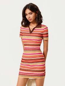 SHEIN BASICS 女款夏季休閒復古 70 年代 2000 年代橘紅色短洋裝，適合早午餐與外出穿著 - 彩色 - 查看 3