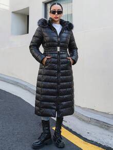 Premium Quality, Elasticated Belted, Fur Hooded Maxi Puffer Winter Coat - Black - View 1