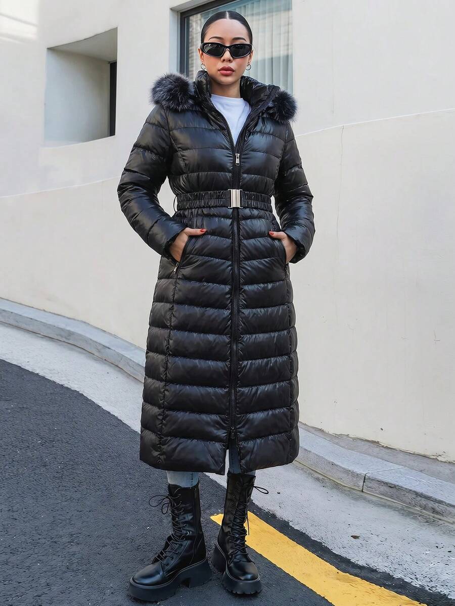 Premium Quality, Elasticated Belted, Fur Hooded Maxi Puffer Winter Coat - Black - View 1