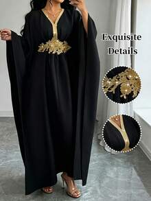 SHEIN LUNE CURVE Plus Size Women's Elegant Vacation Style Long Sleeve Dress Fall - Black - View 4