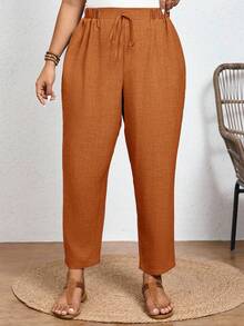 Shapeblank Plus Size Solid Color Casual Trousers With Elastic Waist And Diagonal Pockets Casual Summer Vacation Daily Going Out Pants For Women - Orange - View 4