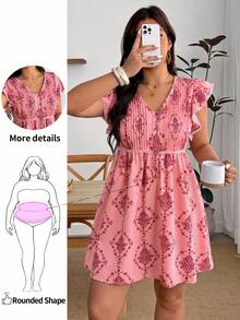 Enliva Plus Size Casual Minimalist Small V-Neck Vintage Bohemian Print Pattern Women's Short Dress, Suitable For Spring/Summer Fashion, Vacation, Casual, Daily Wear, For Apple And Rounded Body Shape - Multicolor - View 1