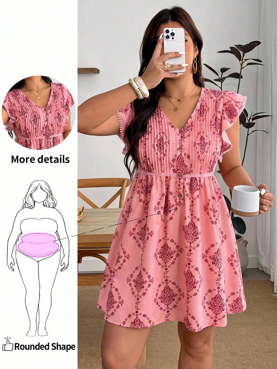 Enliva Plus Size Casual Minimalist Small V-Neck Vintage Bohemian Print Pattern Women's Short Dress, Suitable For Spring/Summer Fashion, Vacation, Casual, Daily Wear, For Apple And Rounded Body Shape - Multicolor - View 1