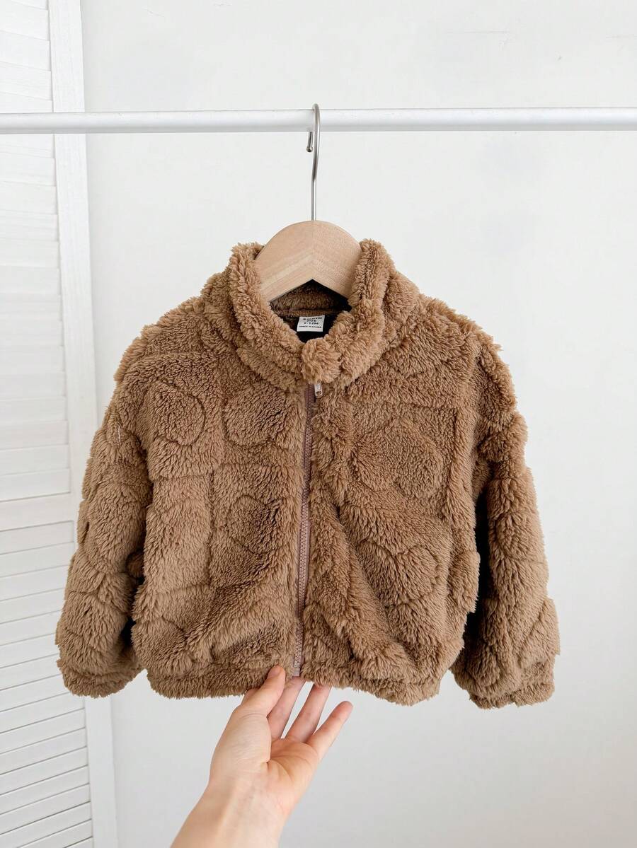 SHEIN LMoss Kids LMoss Baby Girl Cute And Casual Furry Stand Collar Jacket With Heart Pattern, Perfect For Autumn And Winter - Mocha Brown - View 1