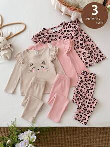 SHEIN LMoss Kids Conjunto de 3 piezas para bebé niña, top casual de punto de color liso con estampado de leopardo y patrón lindo, cuello redondo y bajo con volantes, estilo grueso, adecuado para otoño/invierno - Multicolor - View 11