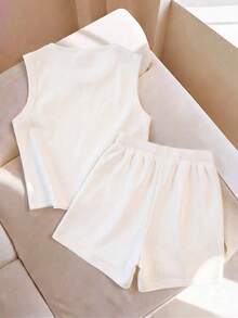 SHEIN LUNE 新款春夏時尚休閒白色背心短褲兩件套熱銷中 - 白色 - 查看 2