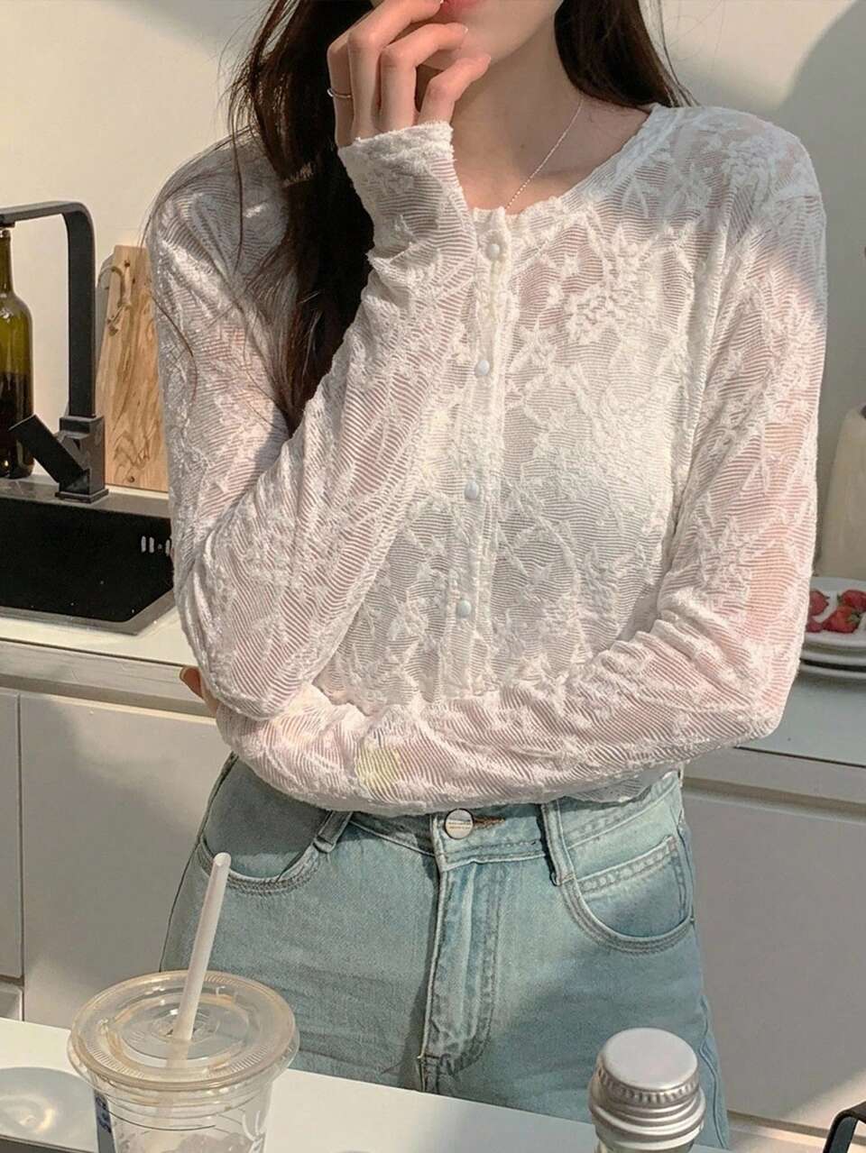 Solid Color Textured Jacquard Fitted Long Sleeve Casual Vacation Summer Women's Top