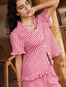 Lullawish Women's Casual Home & Streetwear Striped Woven Fabric Lapel Ruffle Trim Short Sleeve Loose Fit Loungewear Shorts Set - Red - View 5