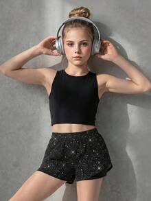 SHEIN Tween女孩亮面休閒運動百搭日常穿著運動短褲，黑色夏季款，適合運動與舞蹈，彈性舒適精緻 - 黑色 - 查看 5