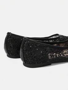 CUCCOO HITCHD Lace Round Toe Flats, Perspective Mesh Sequined Low Vamp Shoes, Commuting Dating Daily Breathable Women's Shoes - Black - View 12