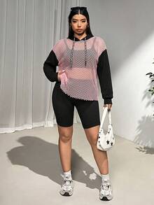 SHEIN EZwear 大尺碼女款春夏長袖休閒對比網紗透視連帽帽 T恤運動衫 秋冬適用 - 彩色 - 查看 4