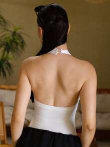 Andrea Bello Women's Y2K Sexy Contrast Lace Halter Backless Camisole Summer White - White - View 2