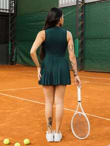 Maju Mazalli Pleated High Neck Zipper Versatile Casual Dress Sports - Green - View 2
