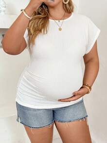 Plussiva 大尺碼孕婦白色圓領插肩袖修身百褶上衣，提花，夏季寬鬆度假性別揭曉拍照正式款 - 白色 - 查看 7