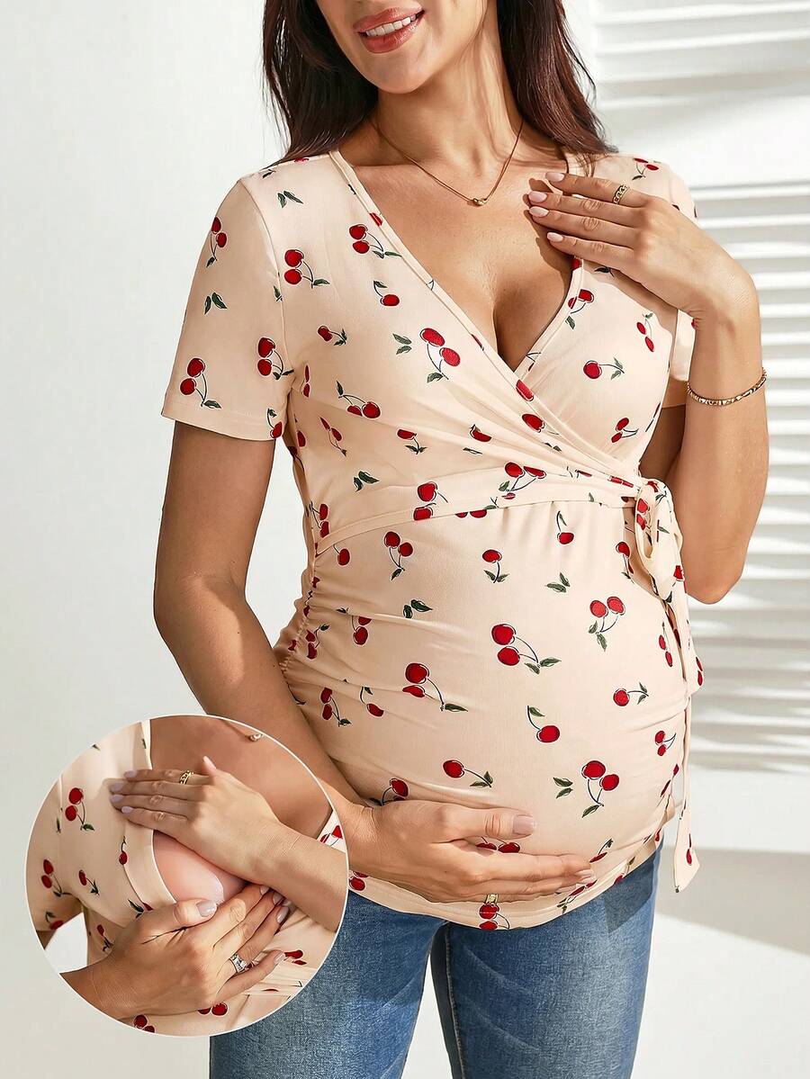 SHEIN 孕婦櫻桃印花側結短袖哺乳上衣 - 杏色 - 查看 1