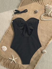 Bonvoyette Traje de baño de una pieza nuevo para mujer primavera/verano, tela texturizada con rayas de ondas azules con diseño de estrella de mar y conchas trenzadas, traje de baño de una pieza adecuado para playa, arena, natación, piscina, vacaciones - Negro - Ver 4