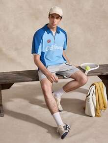 Polo de manga corta casual con media cremallera y estampado de letras de color contrastante para hombres - Azul - Ver 7